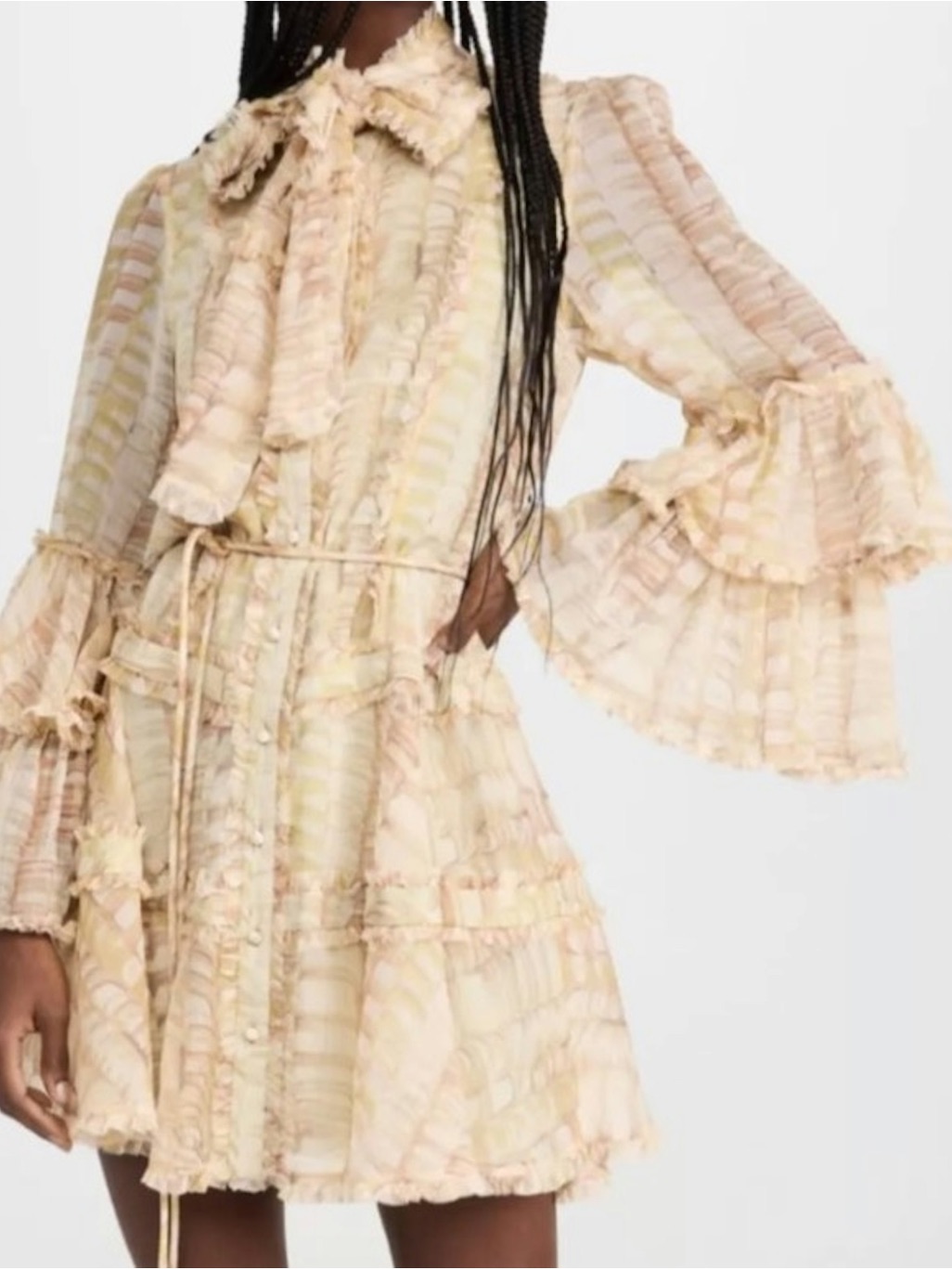 Alexis Gelsiny Sheer Ruffle-Tiered Dress In Cream And Tan